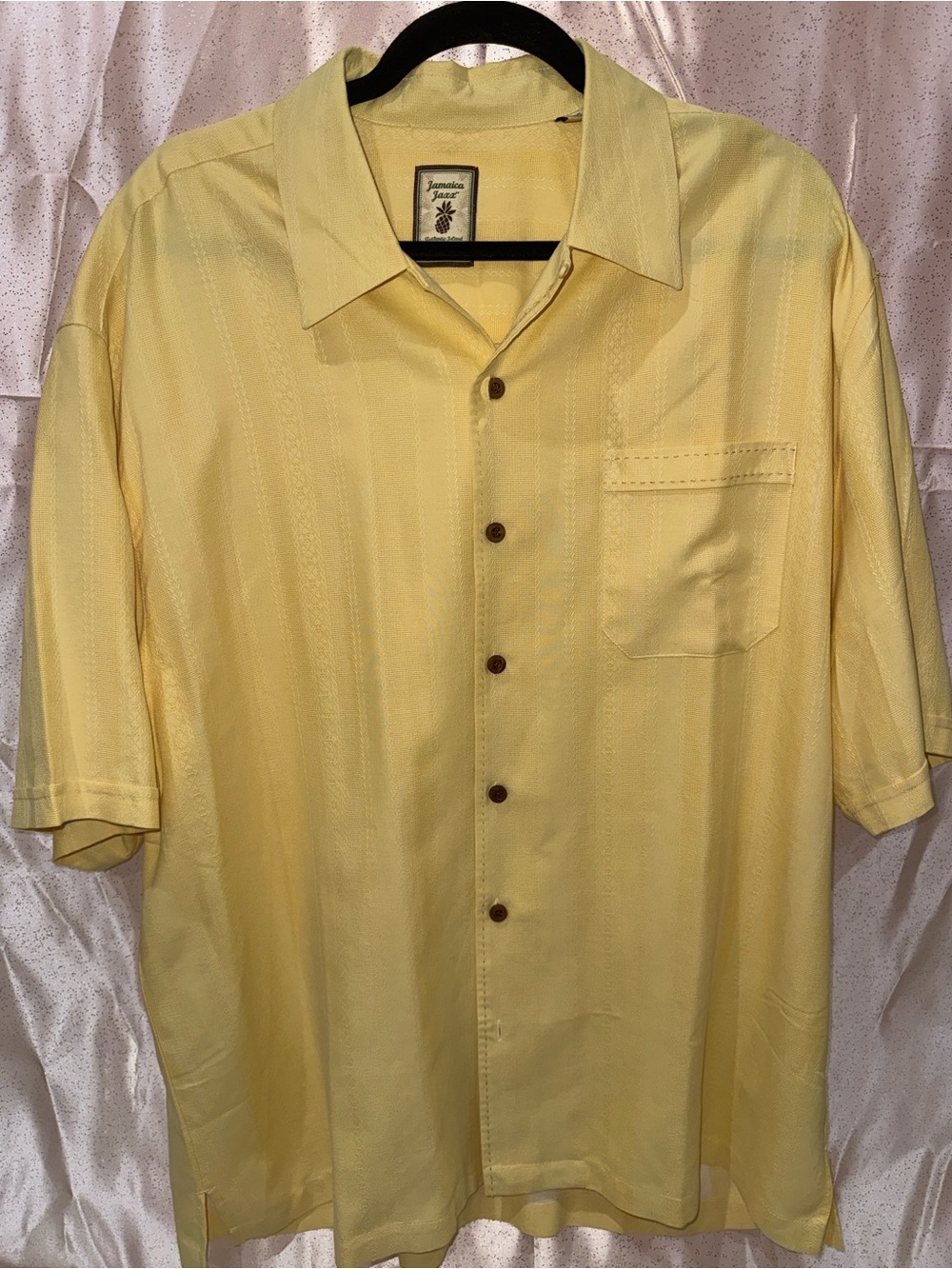 Jamaica Jaxx Men's 100% Silk Yellow Camp Shirt Short Sleeve Textured Panel